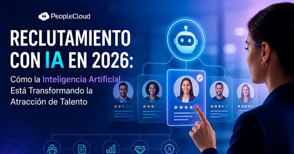 Ilustración futurista de reclutamiento con IA en 2026 mostrando un reclutador trabajando con interfaces de inteligencia artificial, análisis de perfiles y matching de habilidades