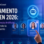 Ilustración futurista de reclutamiento con IA en 2026 mostrando un reclutador trabajando con interfaces de inteligencia artificial, análisis de perfiles y matching de habilidades