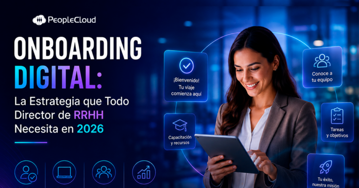 Directora de RRHH revisando un dashboard de onboarding digital en su computadora.