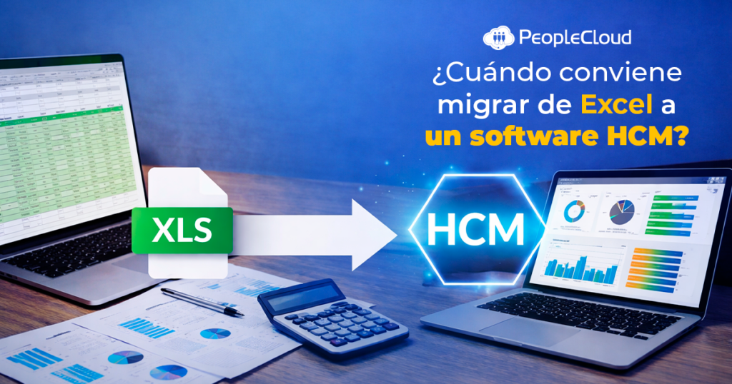 Ilustración comparativa entre hojas de Excel desordenadas y un moderno software HCM que muestra centralización, automatización y analítica en la gestión de Recursos Humanos