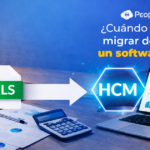 Ilustración comparativa entre hojas de Excel desordenadas y un moderno software HCM que muestra centralización, automatización y analítica en la gestión de Recursos Humanos