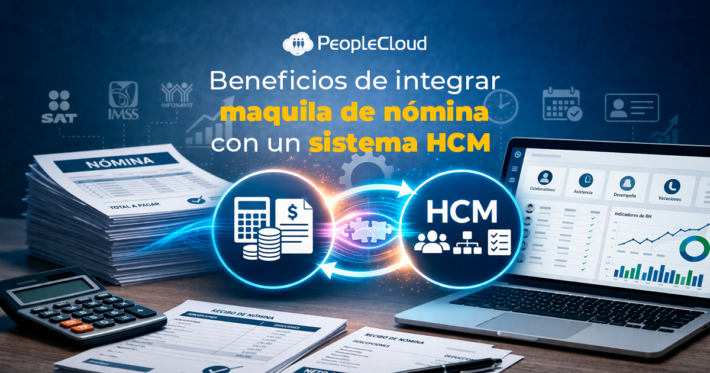 Ilustración de integración entre maquila de nómina y sistema HCM mostrando centralización de datos, automatización y eficiencia en recursos humanos