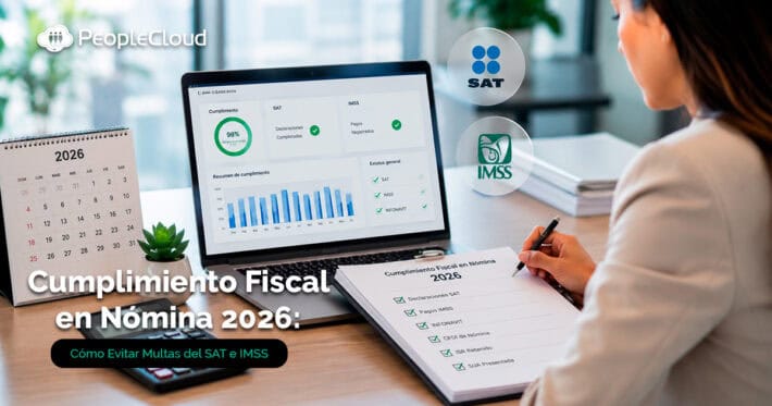 Contador revisando declaración fiscal de nómina en software con integración SAT e IMSS