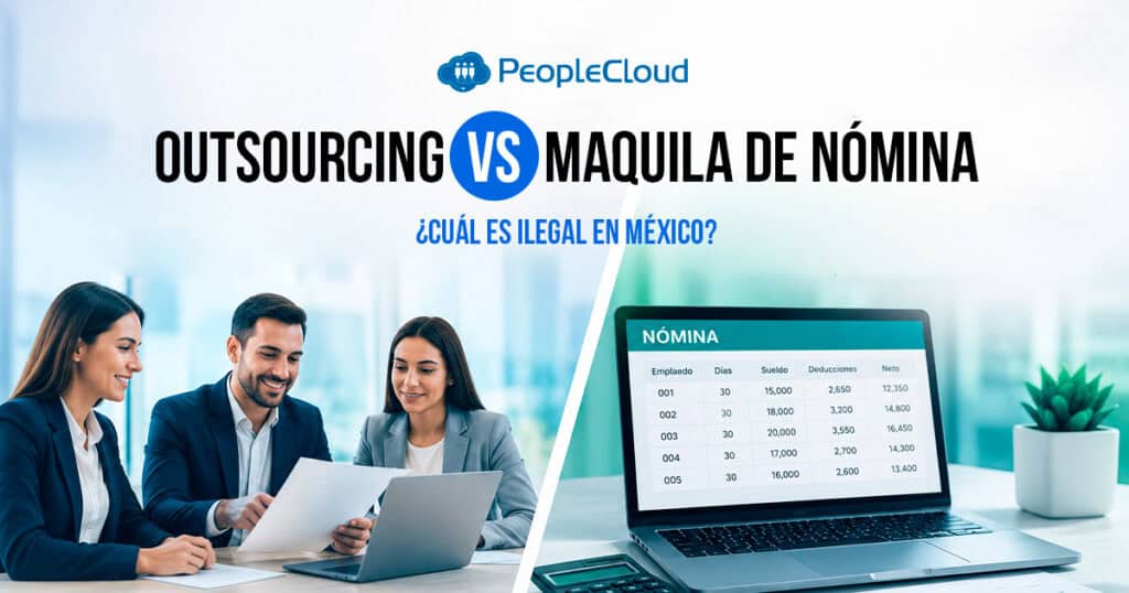 Especialista legal comparando outsourcing vs maquila de nómina en documentos de cumplimiento laboral en México