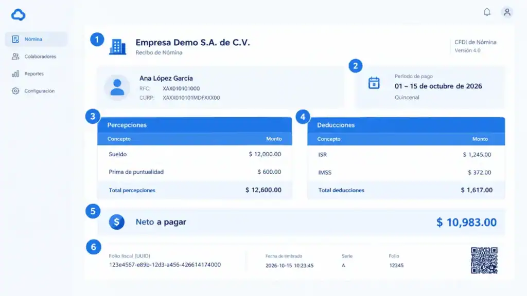 Ejemplo de recibo de nómina CFDI con sus partes señaladas del 1 al 6