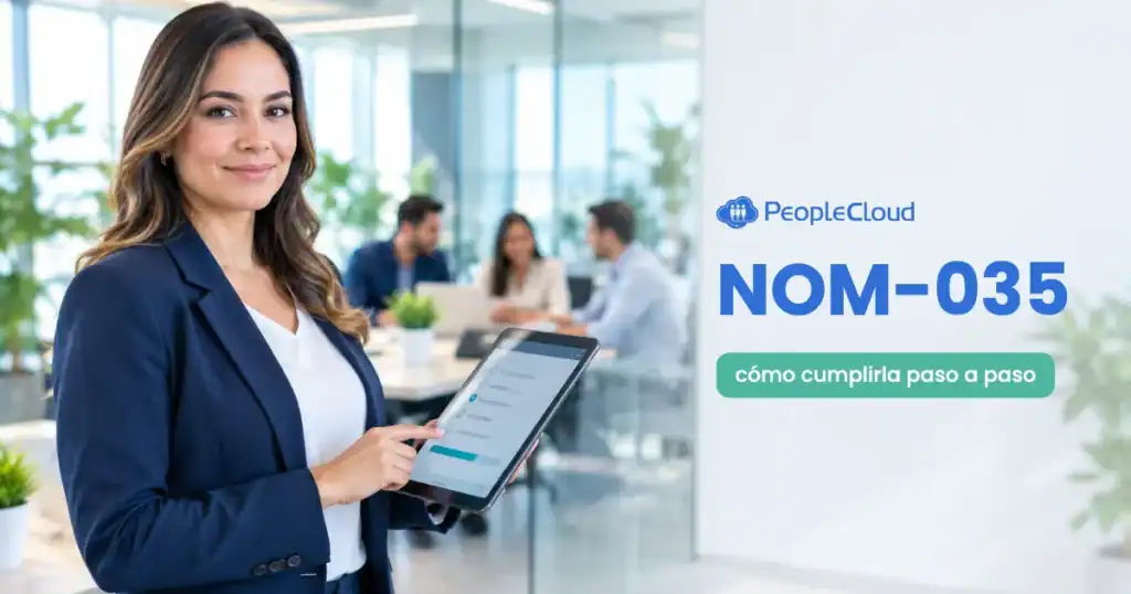 Gerente de Recursos Humanos aplica la encuesta de la NOM-035 al equipo desde una tableta